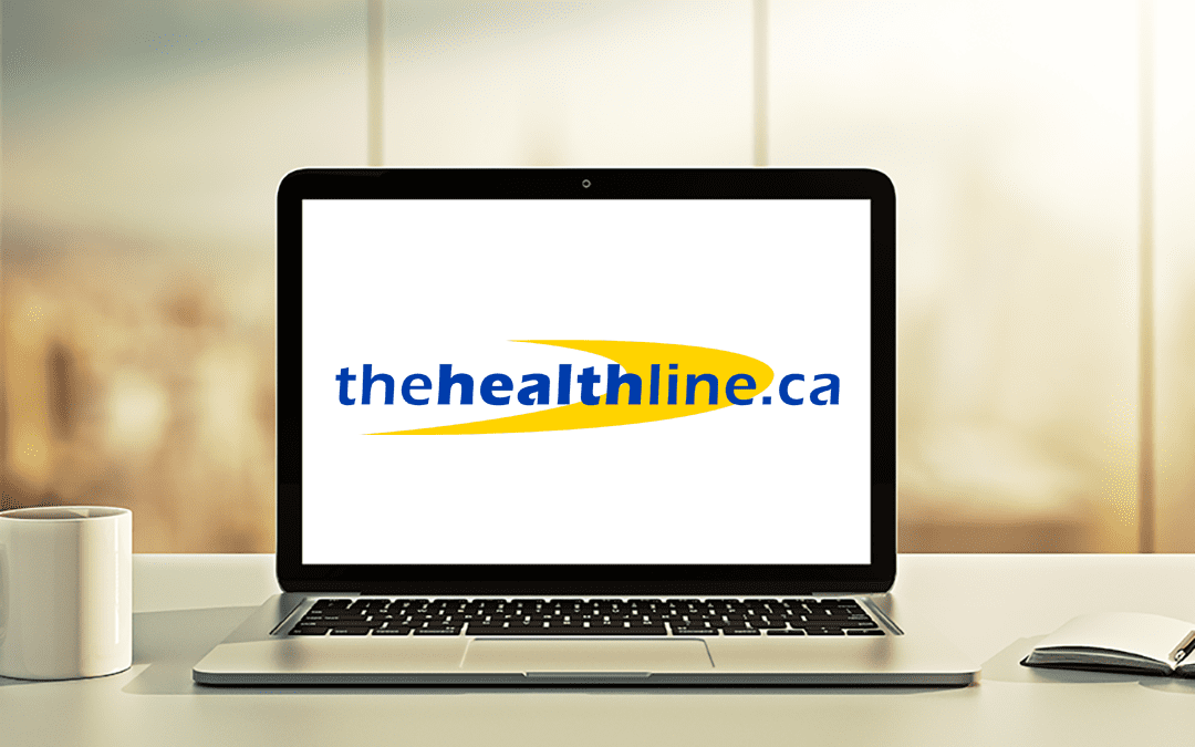 Photo of a laptop computer with the healthline.ca logo on the monitor.