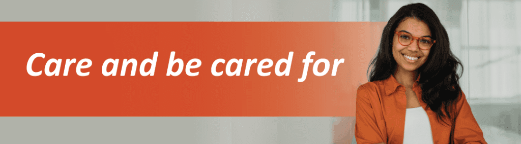Photo of business woman with the words care and be cared for