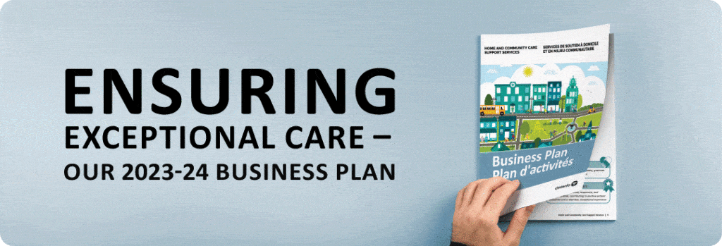 Image of a hand holding a paper copy the Home and Community care support services annual business plan. Text: Ensuring Exceptional Care - our 2024 business plan.